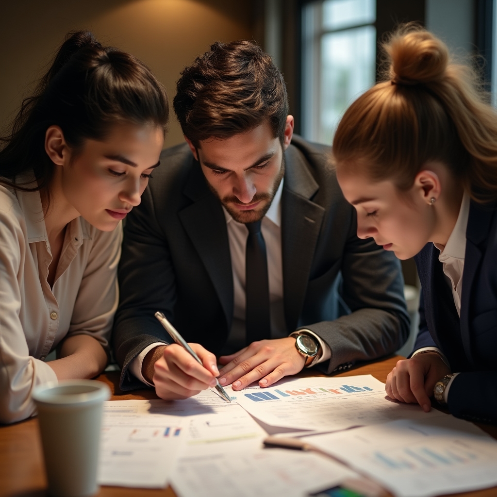 Small group analyzing departmental budget data on printed sheets