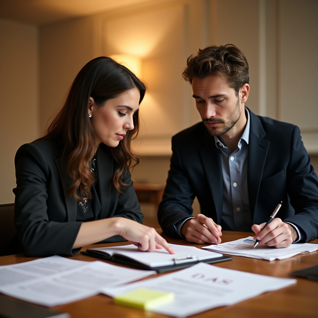 Two instructors reviewing seminar materials and planning session structure