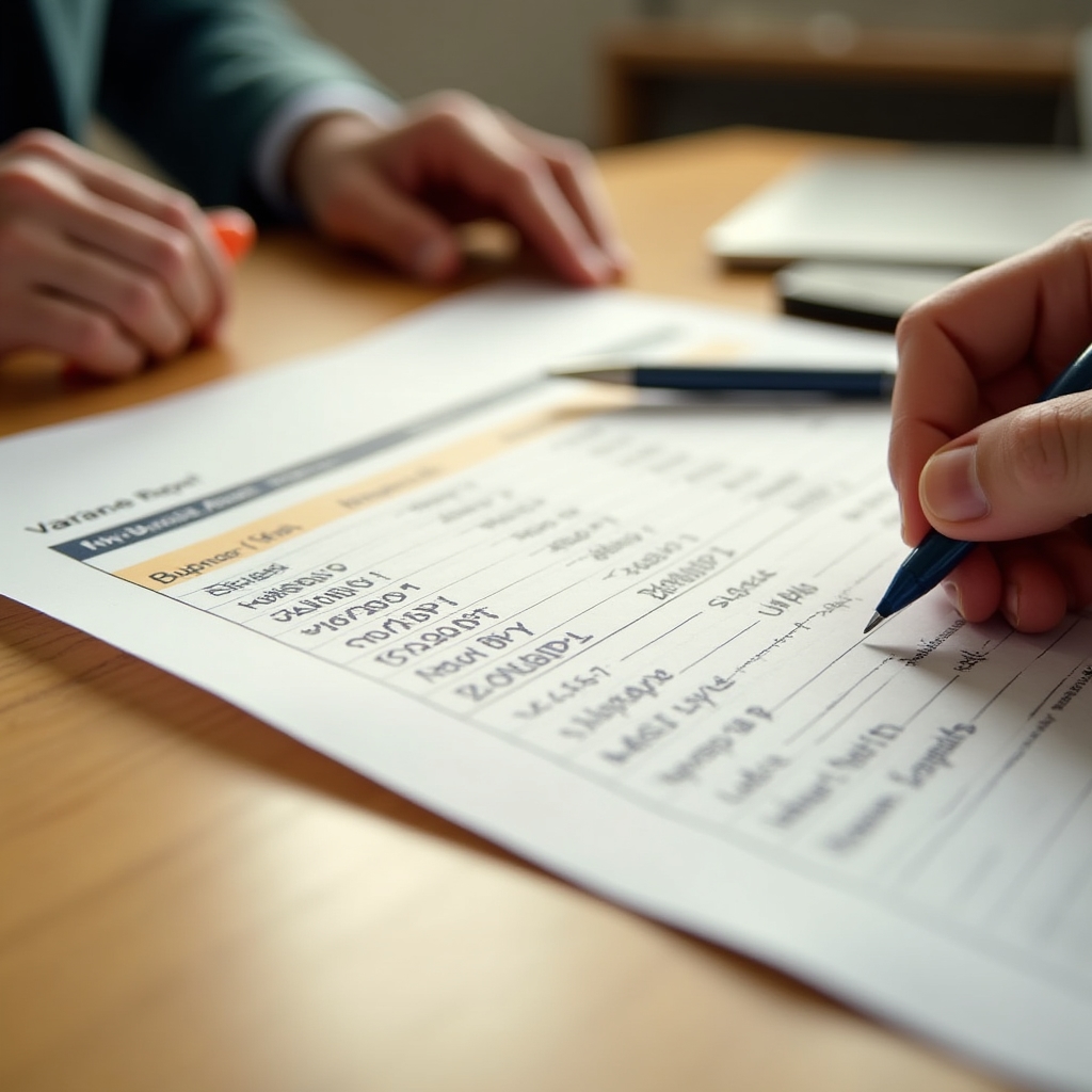 Manager reviewing a printed variance report with highlighted figures